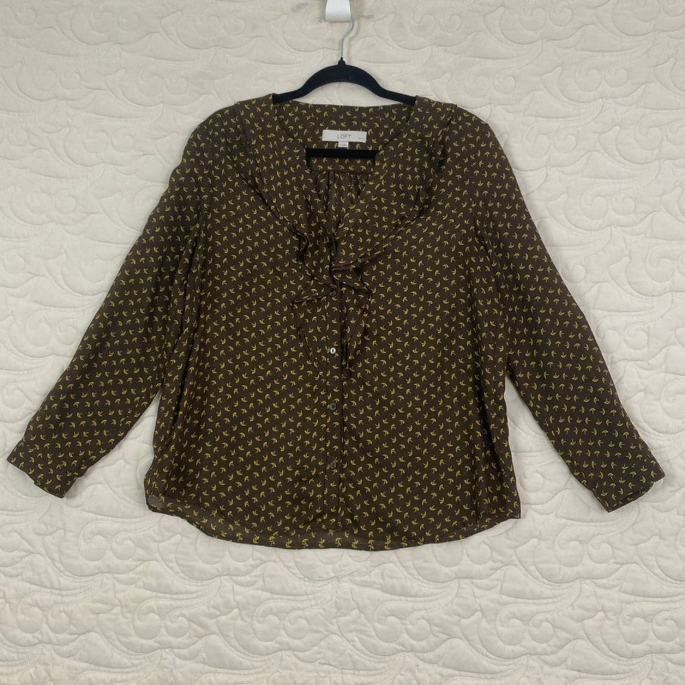 LOFT Petites Top Brown Yellow Print Ruffle V-Neck Button Front Blouse LP